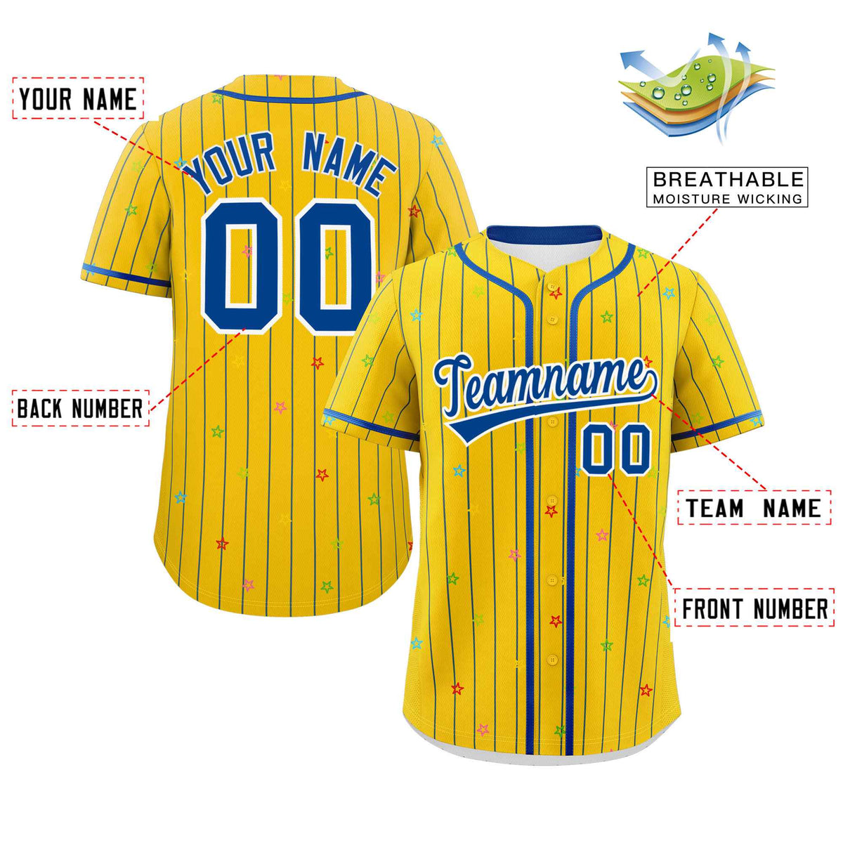 Custom Gold Royal Stripe Fashion Personalized Star Pattern Authentic Baseball Jersey Limited
