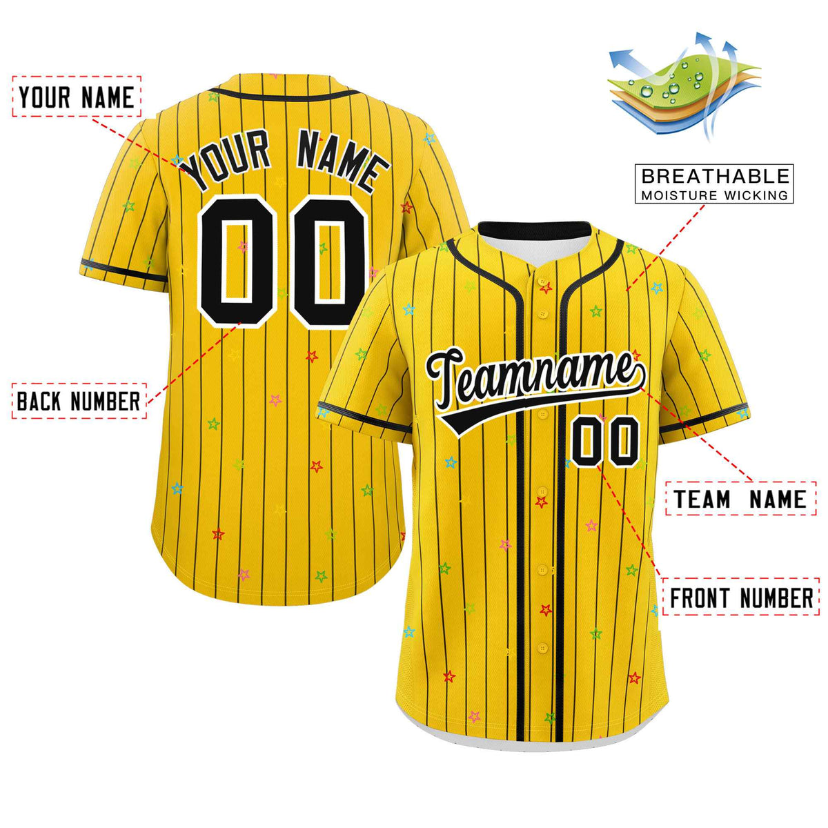 Custom Gold Black Stripe Fashion Personalized Star Pattern Authentic Baseball Jersey Limited