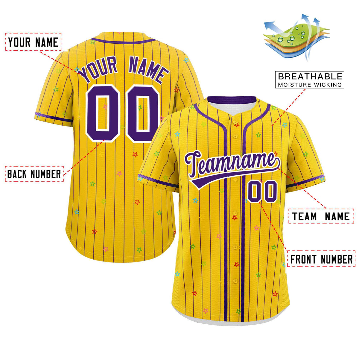 Custom Gold Purple Stripe Fashion Personalized Star Pattern Authentic Baseball Jersey Limited