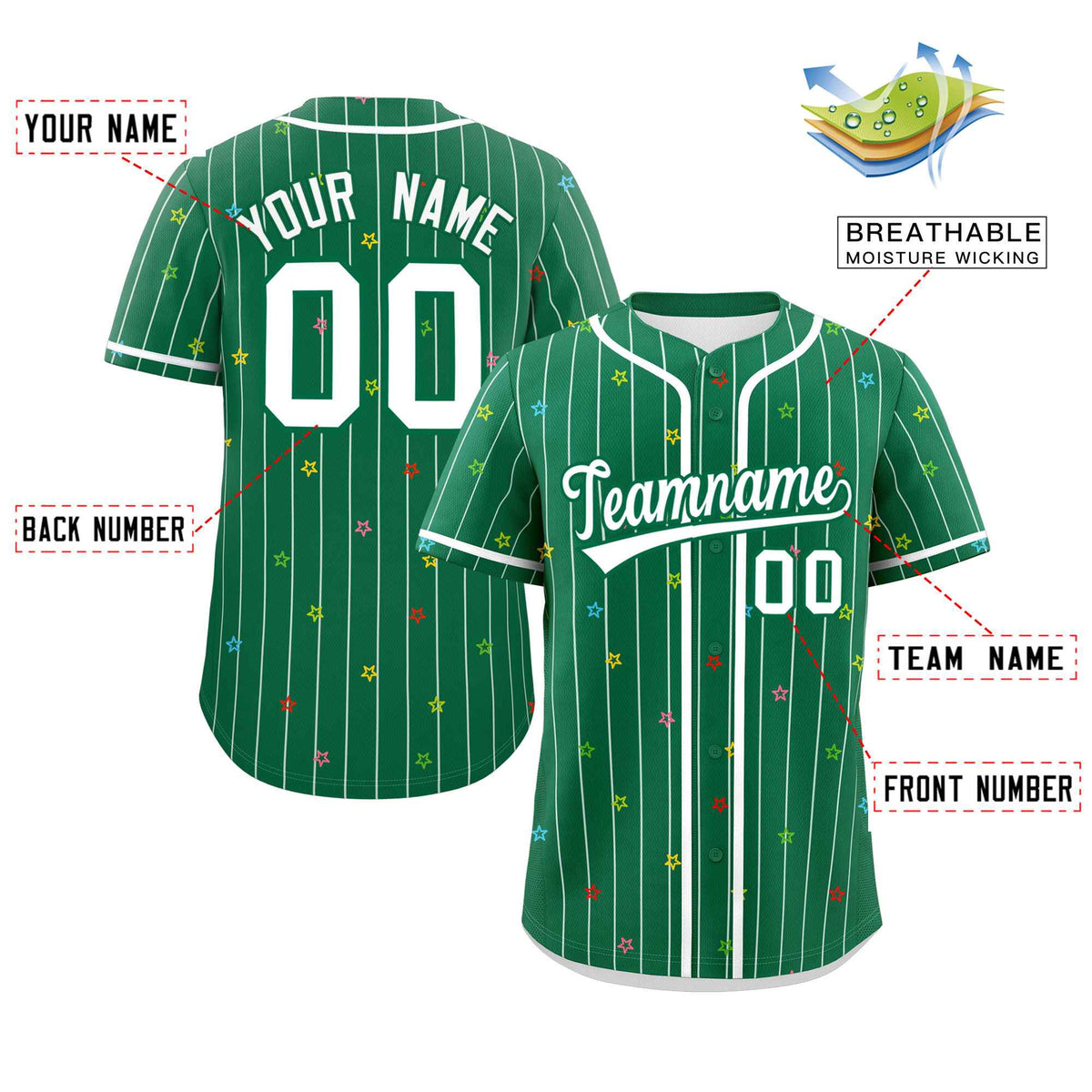 Custom Kelly Green White Stripe Fashion Personalized Star Pattern Authentic Baseball Jersey Limited