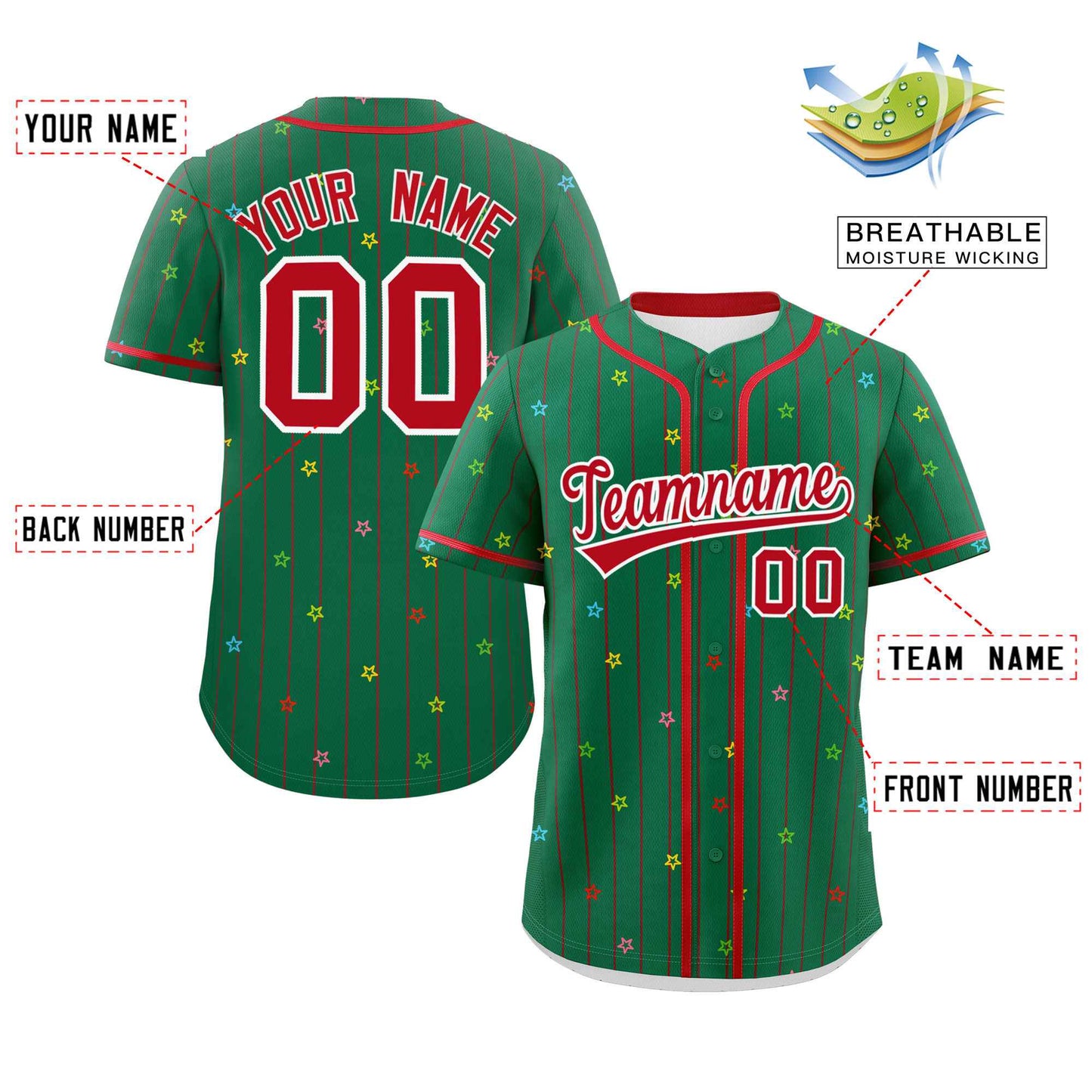 Custom Kelly Green Red Stripe Fashion Personalized Star Pattern Authentic Baseball Jersey Limited