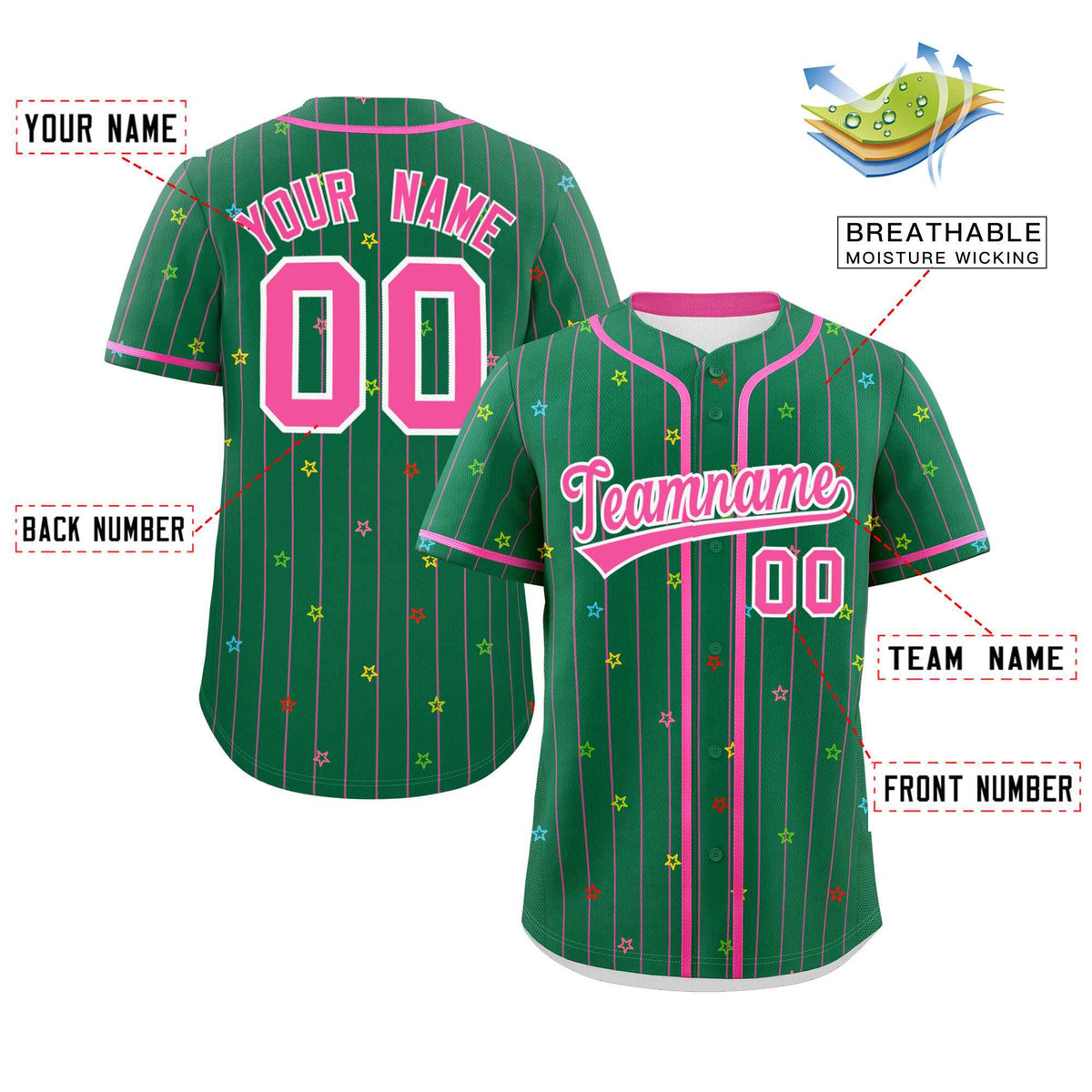 Custom Kelly Green Pink Stripe Fashion Personalized Star Pattern Authentic Baseball Jersey Limited