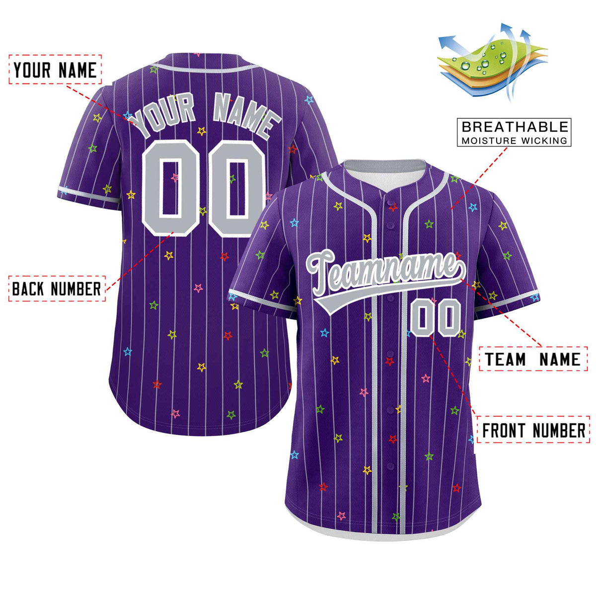 Custom Purple Gray Stripe Fashion Personalized Star Pattern Authentic Baseball Jersey Limited