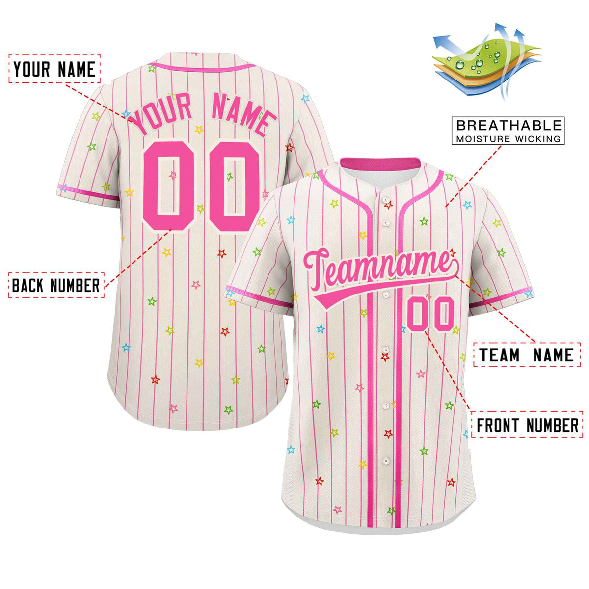 Custom Cream Pink Stripe Fashion Personalized Star Pattern Authentic Baseball Jersey Limited