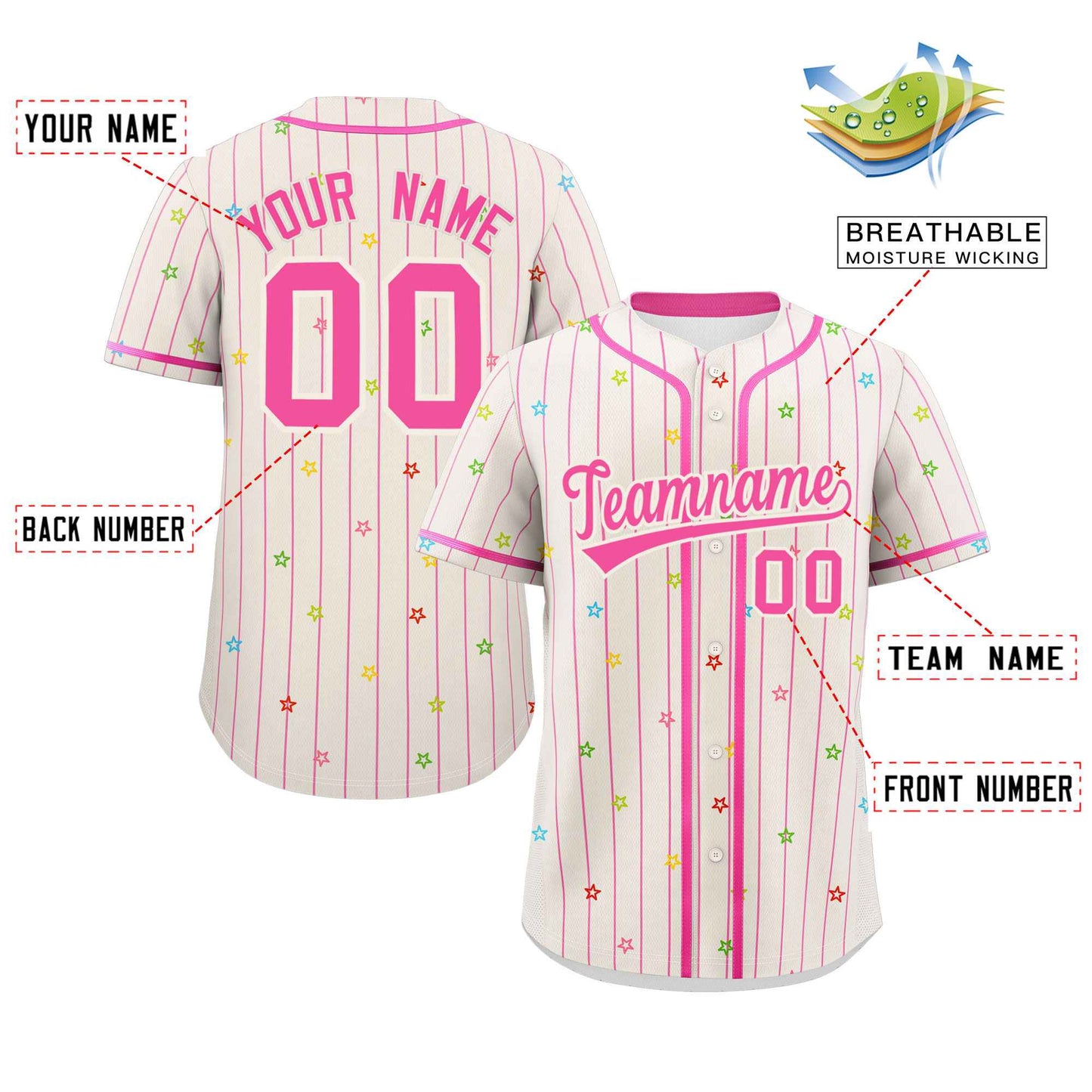 Custom Cream Pink Stripe Fashion Personalized Star Pattern Authentic Baseball Jersey Limited