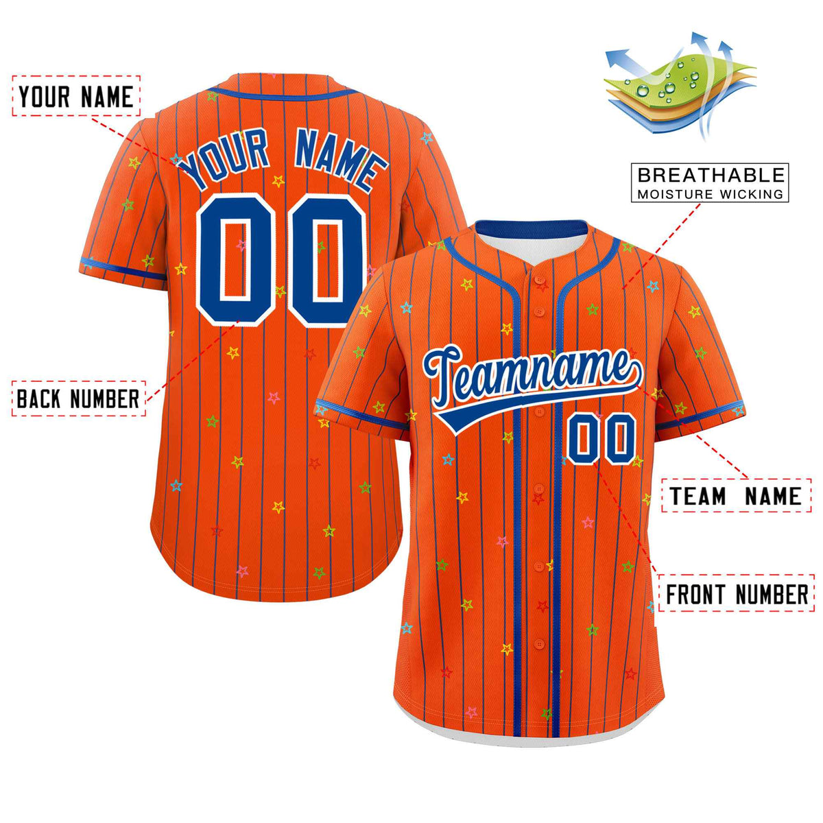 Custom Orange Royal Stripe Fashion Personalized Star Pattern Authentic Baseball Jersey Limited