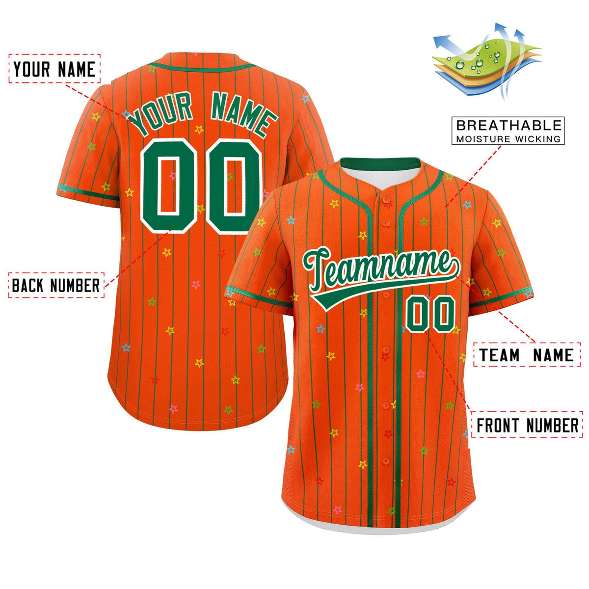 Custom Orange Kelly Green Stripe Fashion Personalized Star Pattern Authentic Baseball Jersey Limited