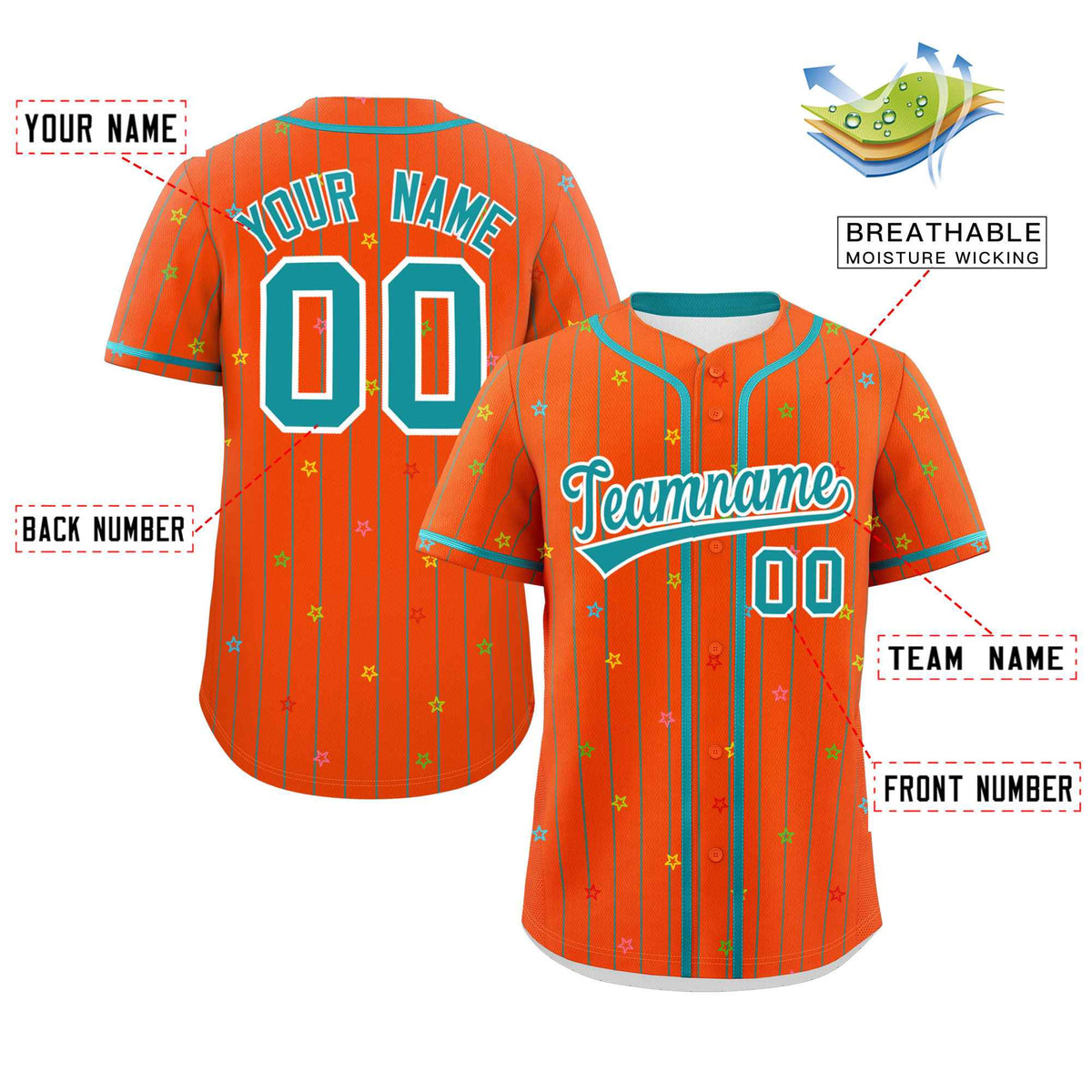 Custom Orange Aqua Stripe Fashion Personalized Star Pattern Authentic Baseball Jersey Limited