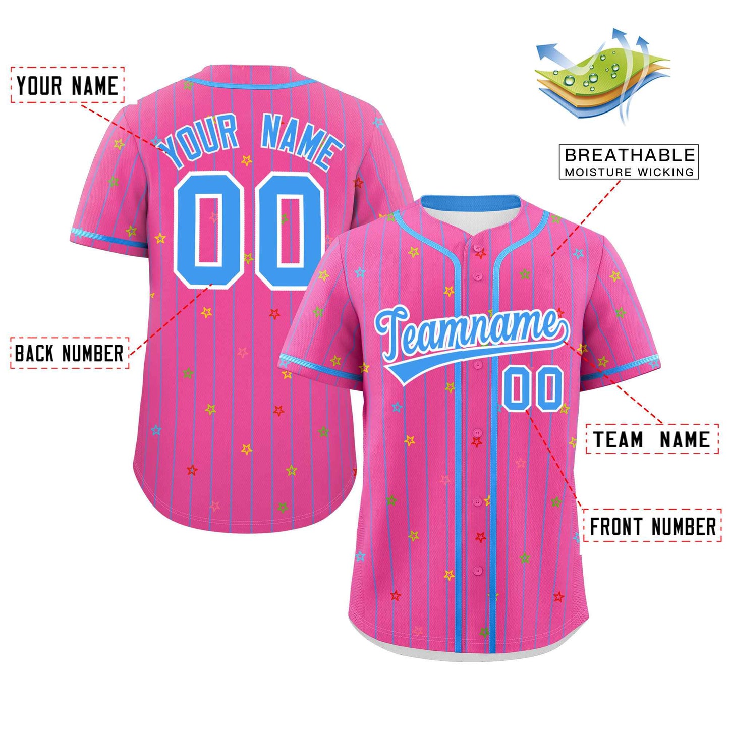 Custom Pink Powder Blue Stripe Fashion Personalized Star Pattern Authentic Baseball Jersey Limited