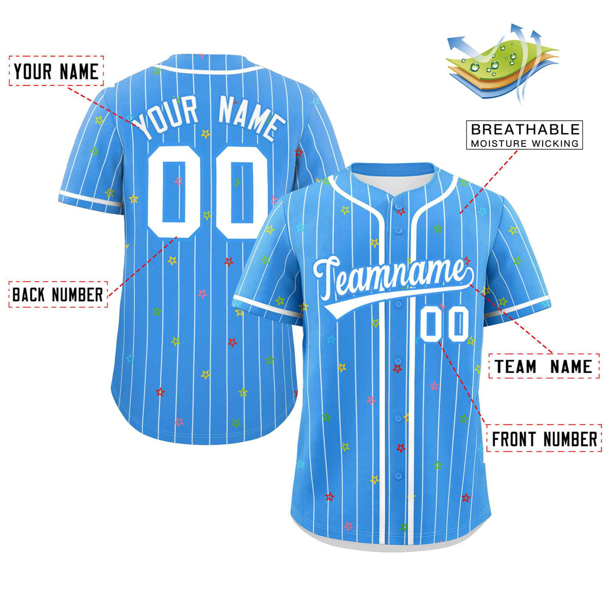Custom Powder Blue White Stripe Fashion Personalized Star Pattern Authentic Baseball Jersey Limited