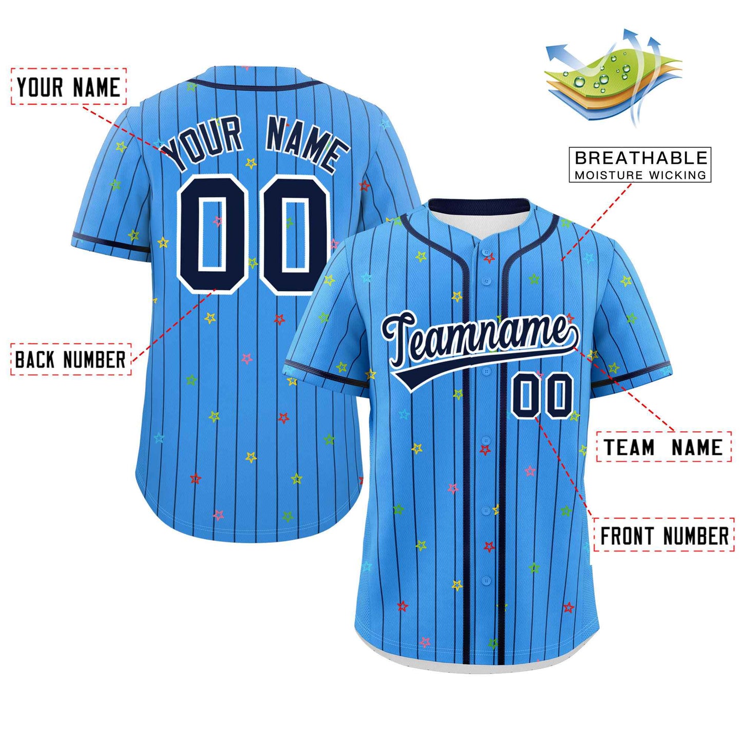 Custom Powder Blue Navy Stripe Fashion Personalized Star Pattern Authentic Baseball Jersey Limited