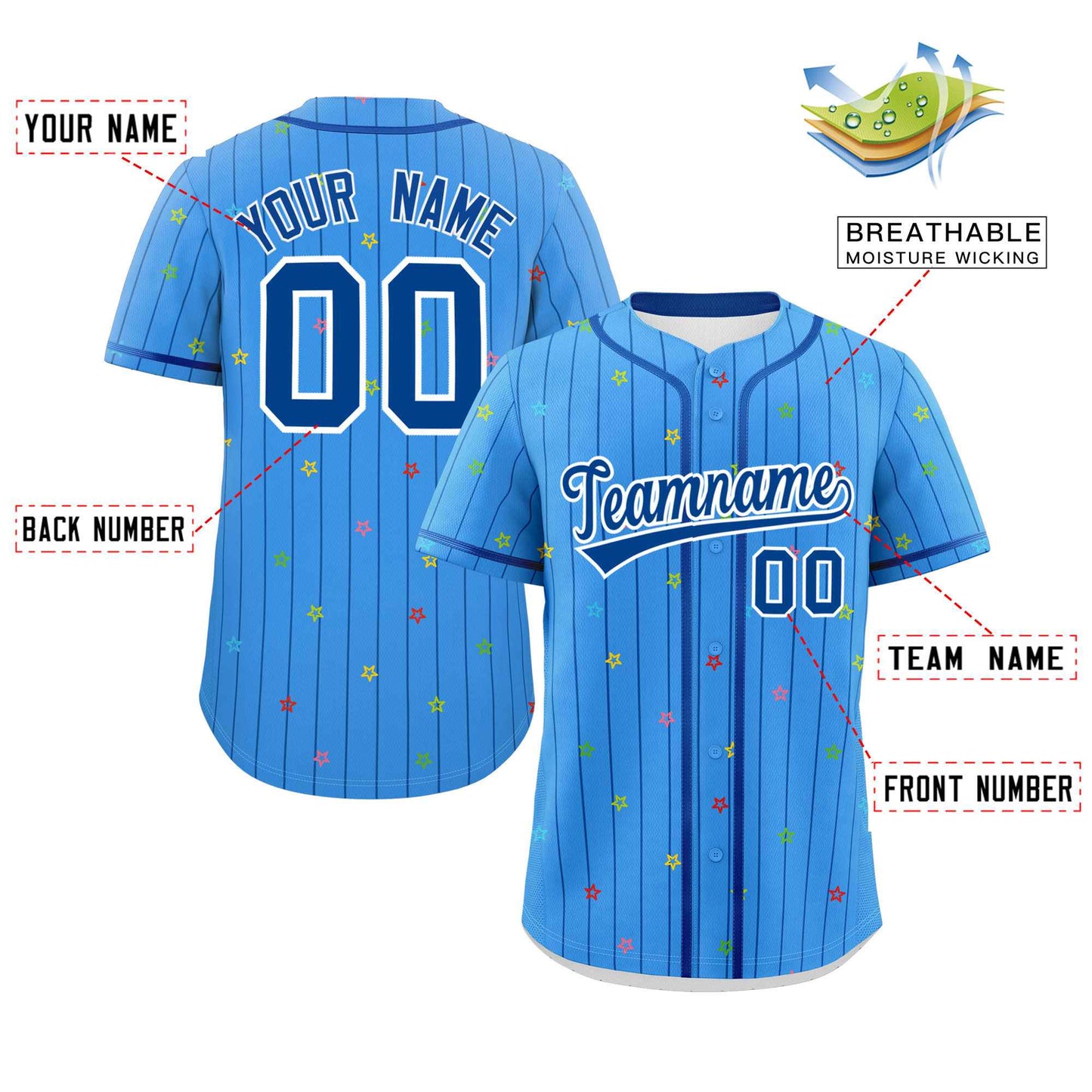 Custom Powder Blue Royal Stripe Fashion Personalized Star Pattern Authentic Baseball Jersey Limited