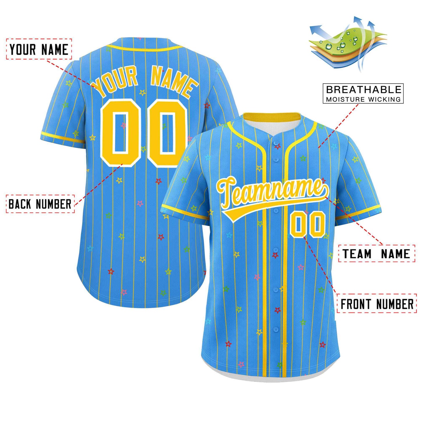 Custom Powder Blue Gold Stripe Fashion Personalized Star Pattern Authentic Baseball Jersey Limited