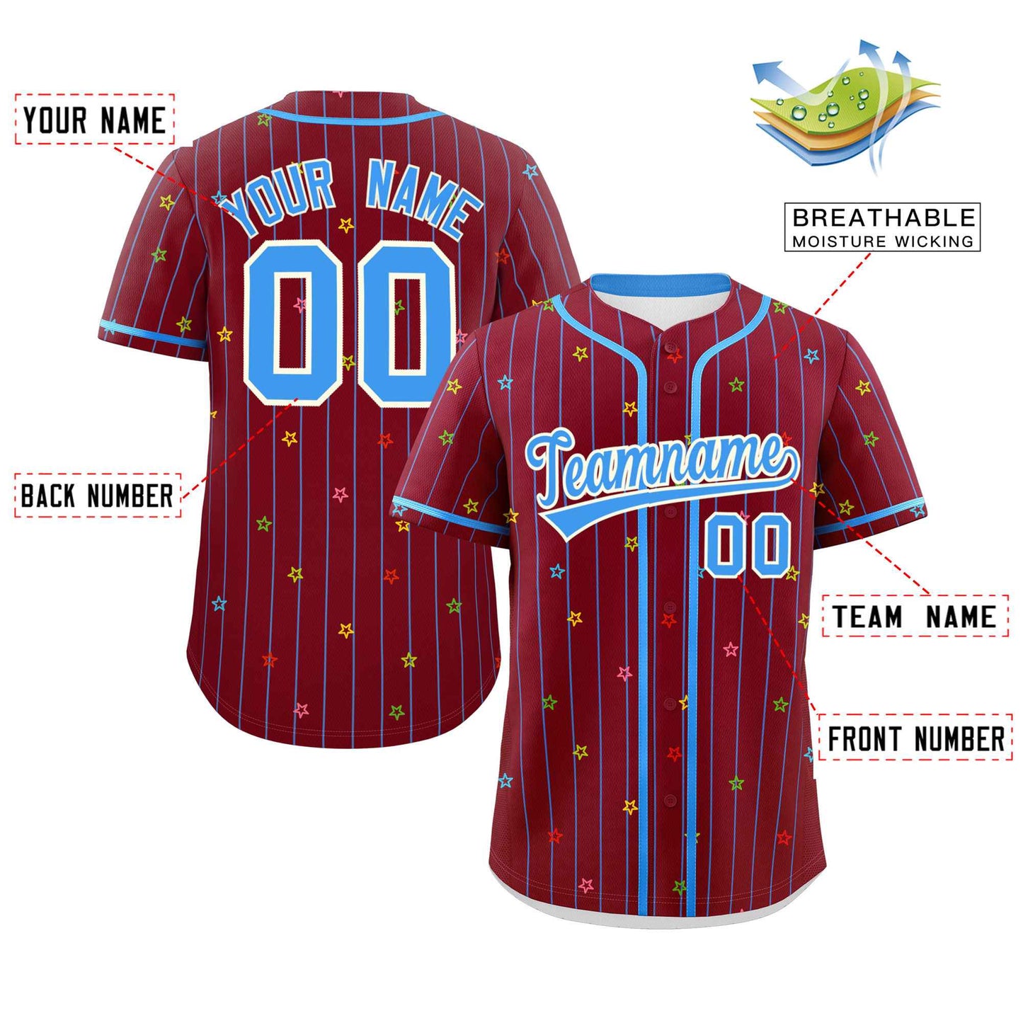 Custom Crimson Powder Blue Stripe Fashion Personalized Star Pattern Authentic Baseball Jersey Limited