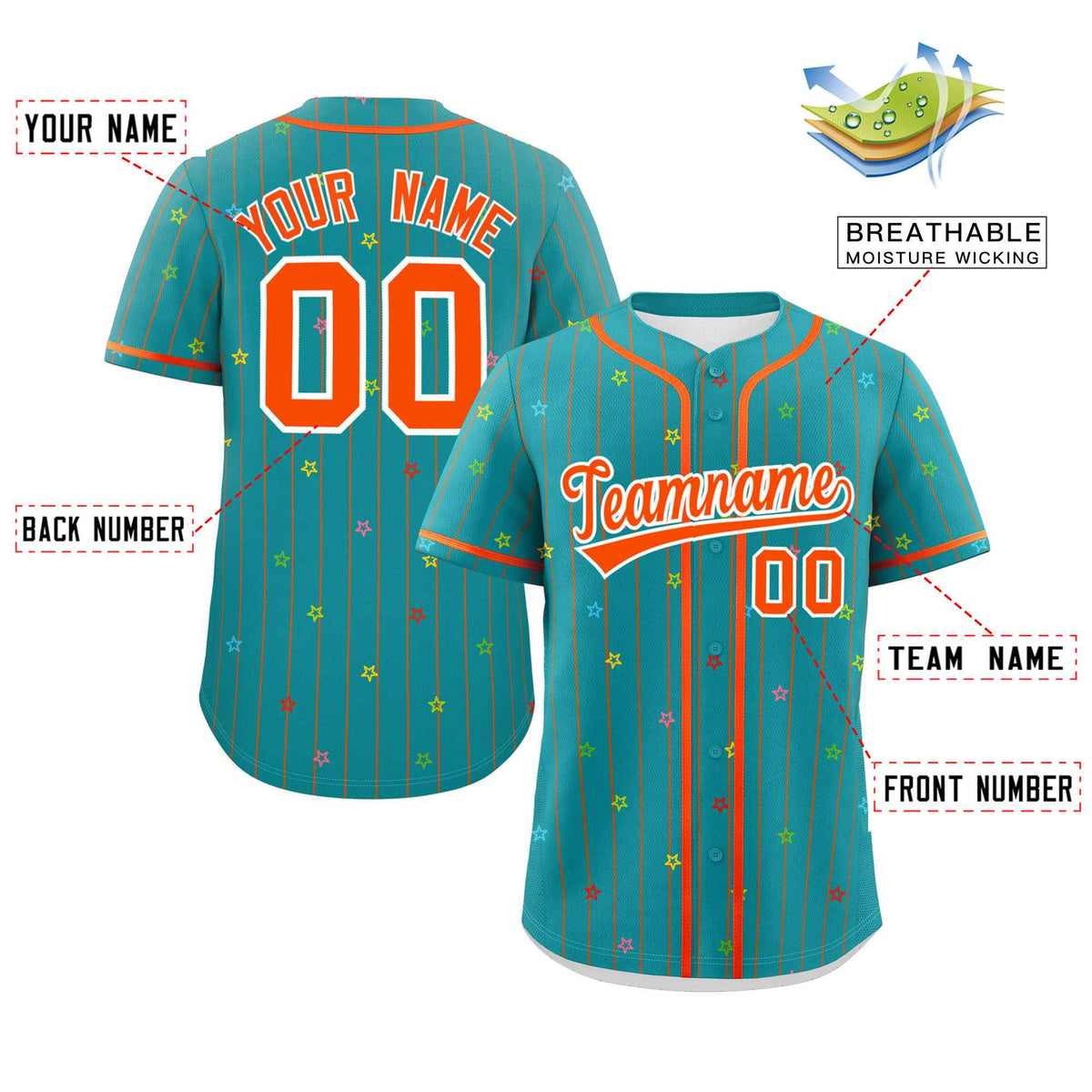 Custom Aqua Orange Stripe Fashion Personalized Star Pattern Authentic Baseball Jersey Limited