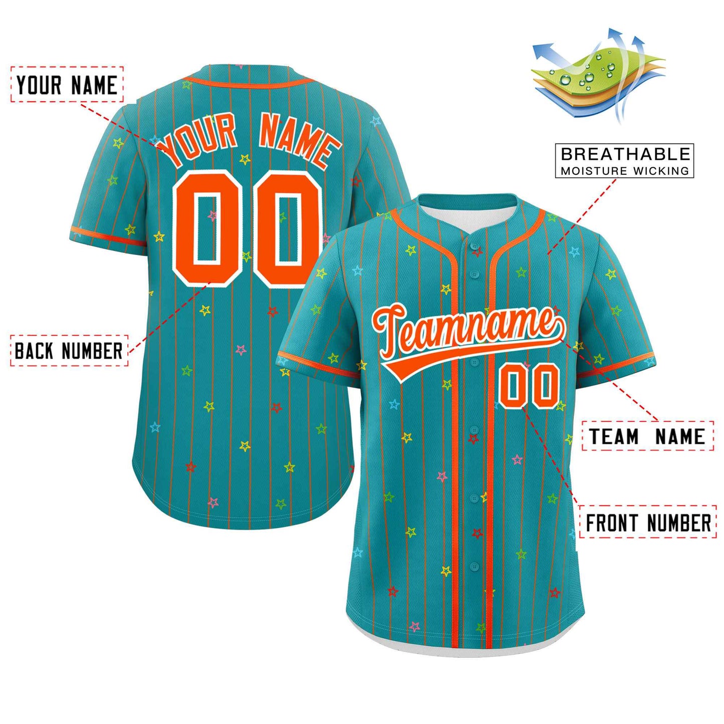 Custom Aqua Orange Stripe Fashion Personalized Star Pattern Authentic Baseball Jersey Limited