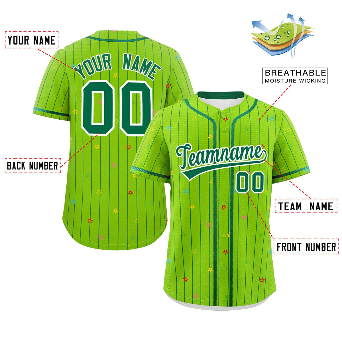 Custom Neon Green Kelly Green Stripe Fashion Personalized Star Pattern Authentic Baseball Jersey Limited