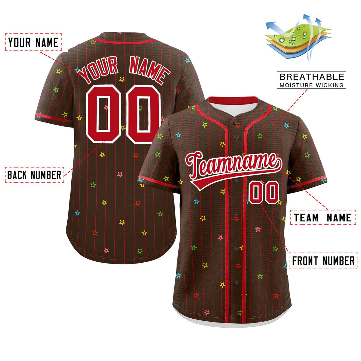Custom Brown Red Stripe Fashion Personalized Star Pattern Authentic Baseball Jersey Limited