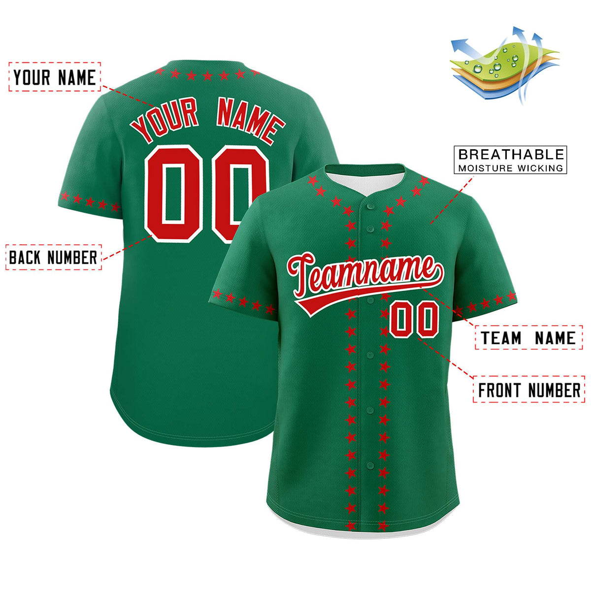 Custom Kelly Green Red Star Ribbing Authentic Baseball Jersey Limited