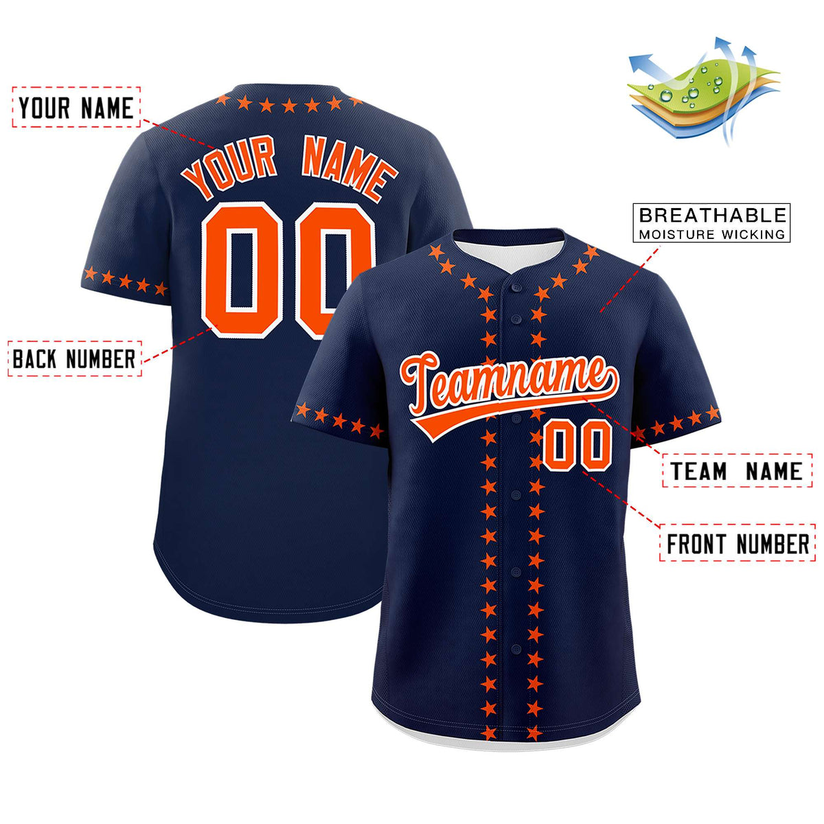 Custom Navy Orange Star Ribbing Authentic Baseball Jersey Limited