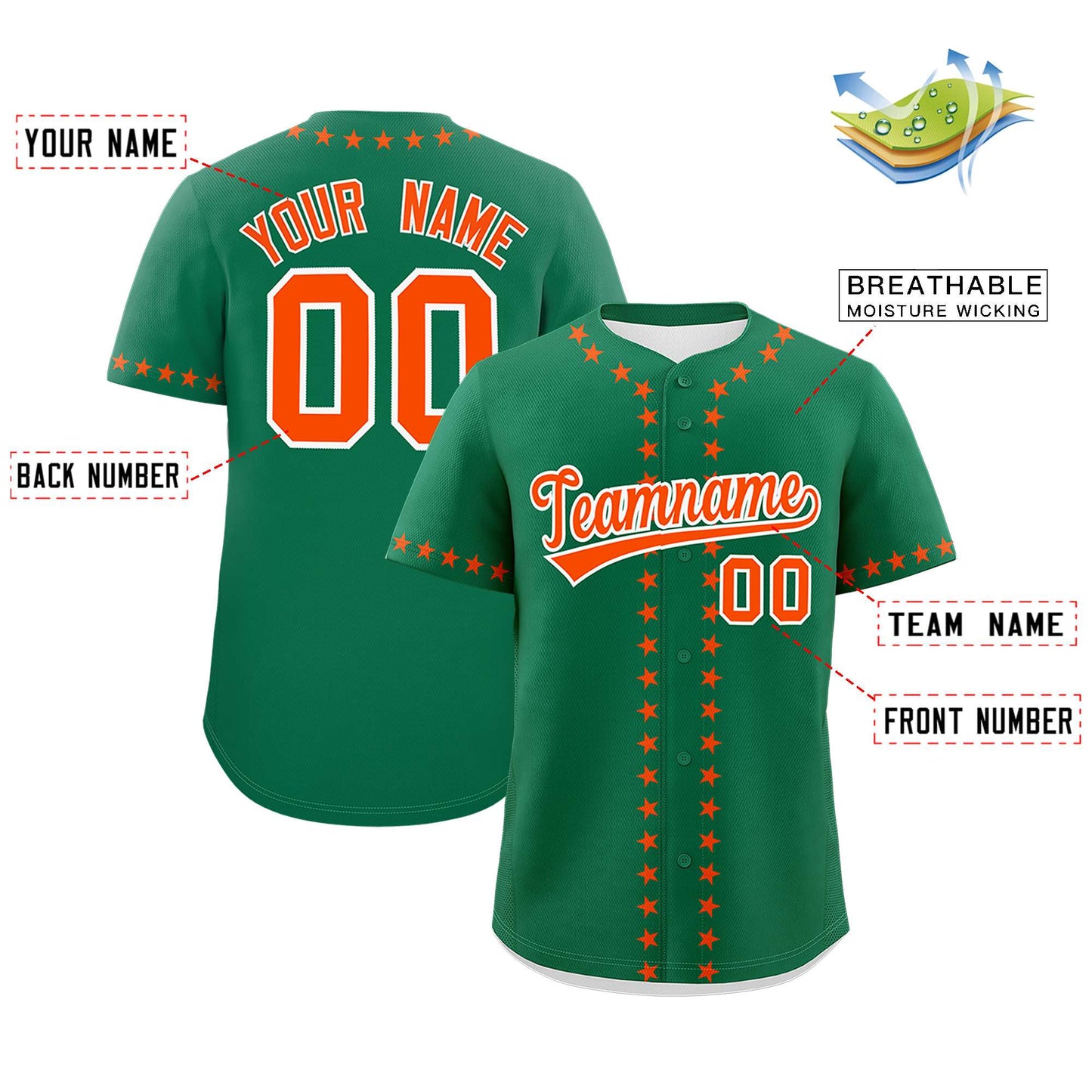 Custom Kelly Green Orange Star Ribbing Authentic Baseball Jersey Limited