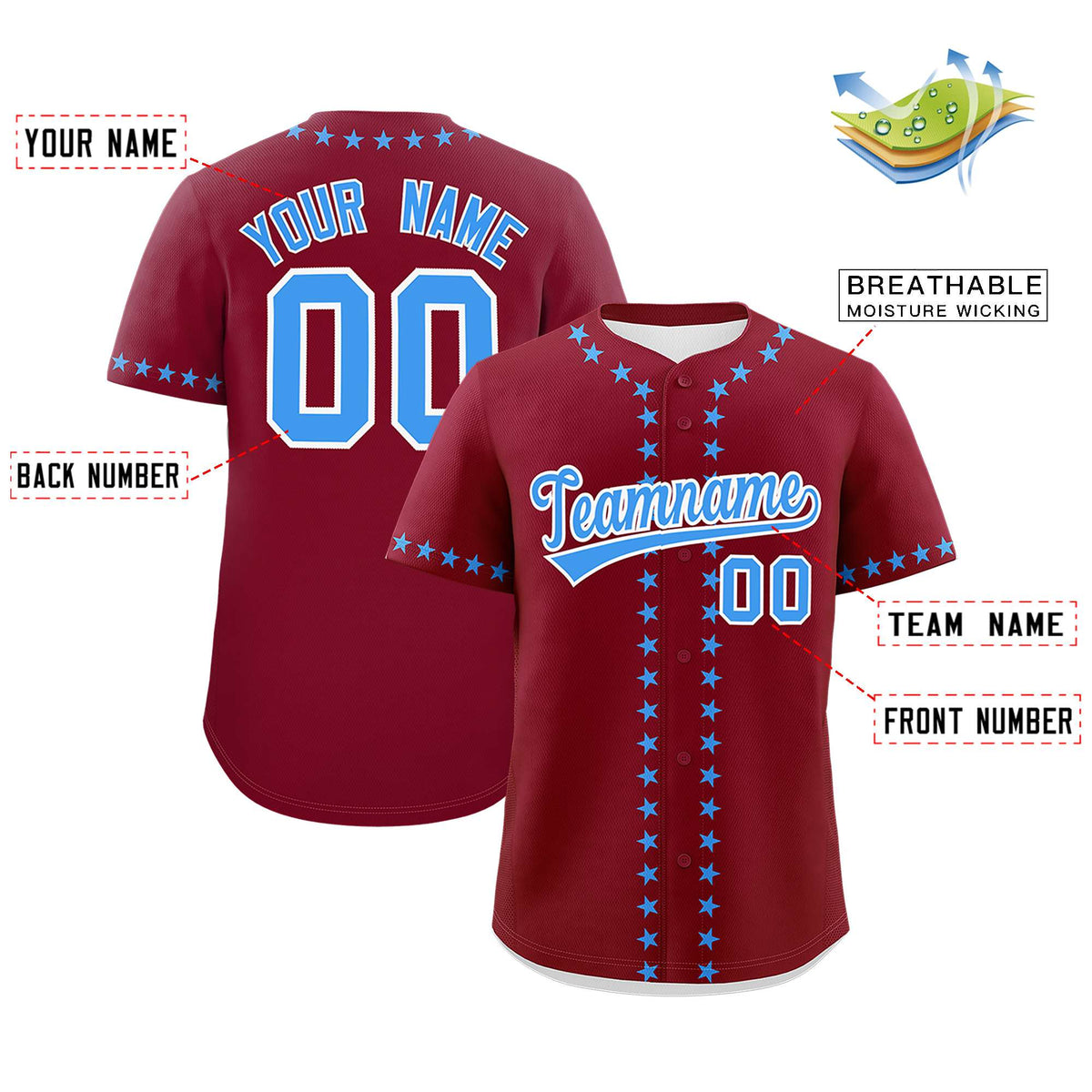 Custom Crimson Powder Blue Star Ribbing Authentic Baseball Jersey Limited
