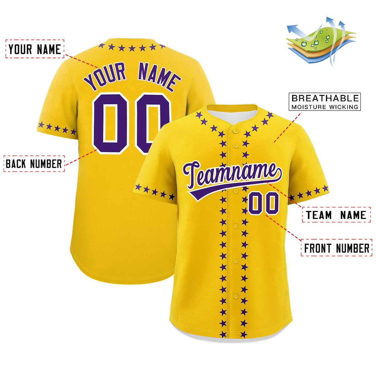 Custom Gold Purple Star Ribbing Authentic Baseball Jersey Limited