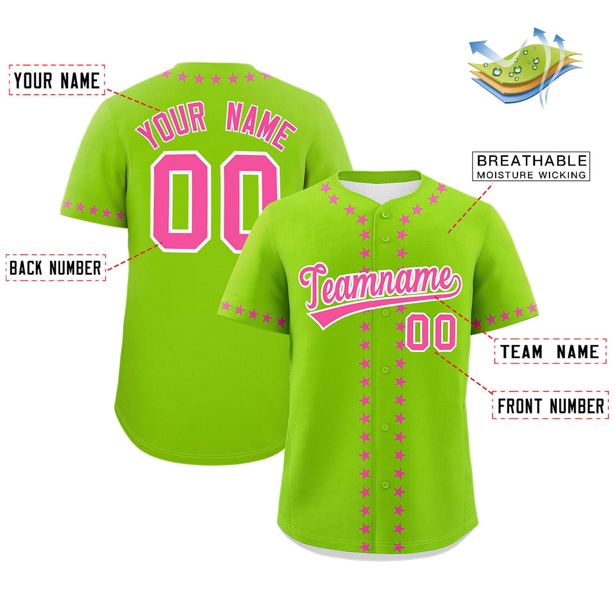 Custom Neon Green Pink Star Ribbing Authentic Baseball Jersey Limited