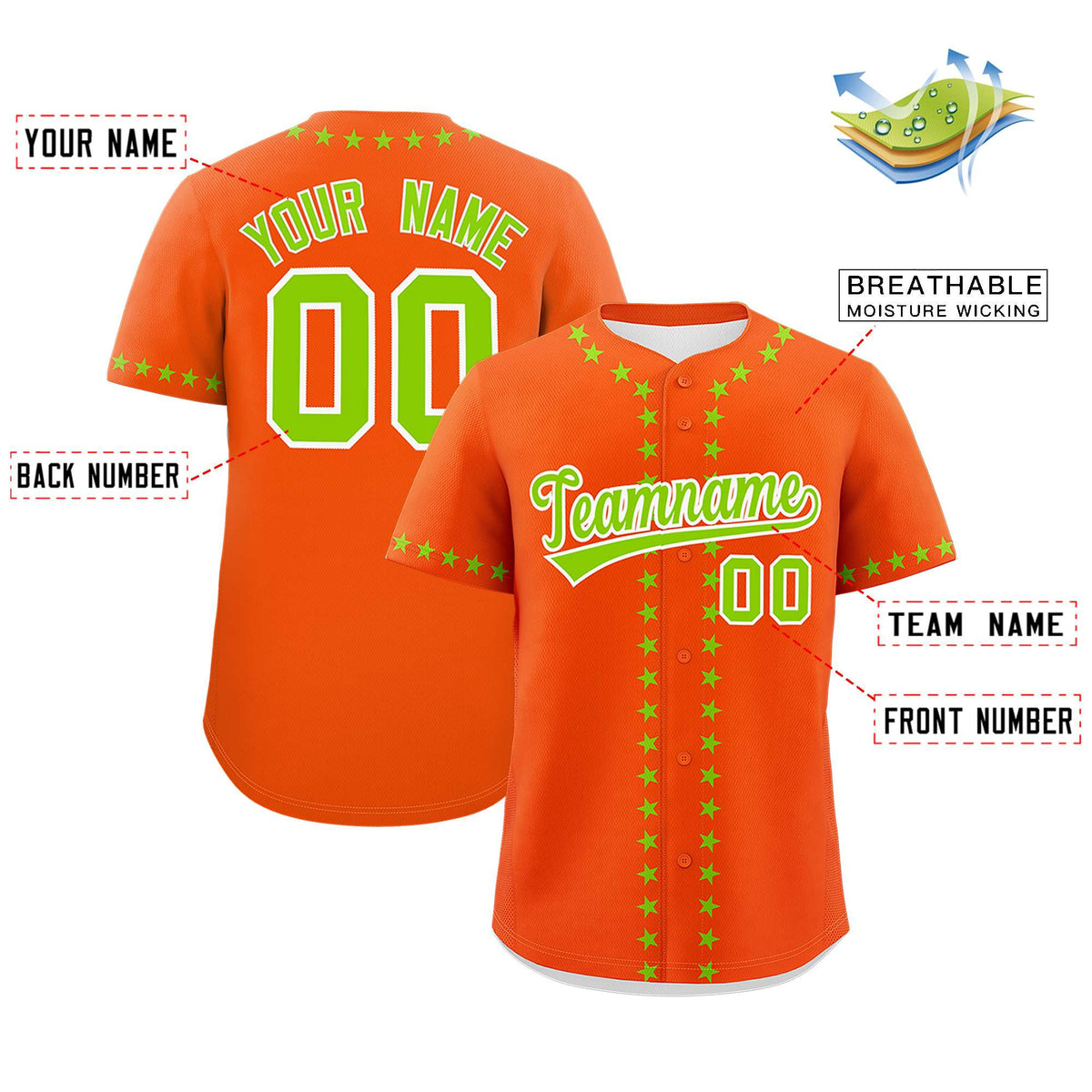 Custom Orange Neon Green Star Ribbing Authentic Baseball Jersey Limited