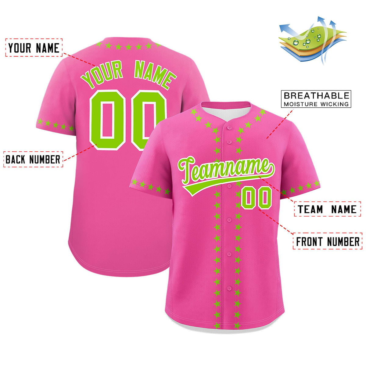 Custom Pink Neon Green Star Ribbing Authentic Baseball Jersey Limited