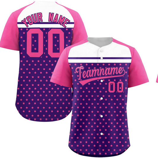 Custom Purple Pink-White Raglan Sleeve Personalized Star Print Authentic Baseball Jersey