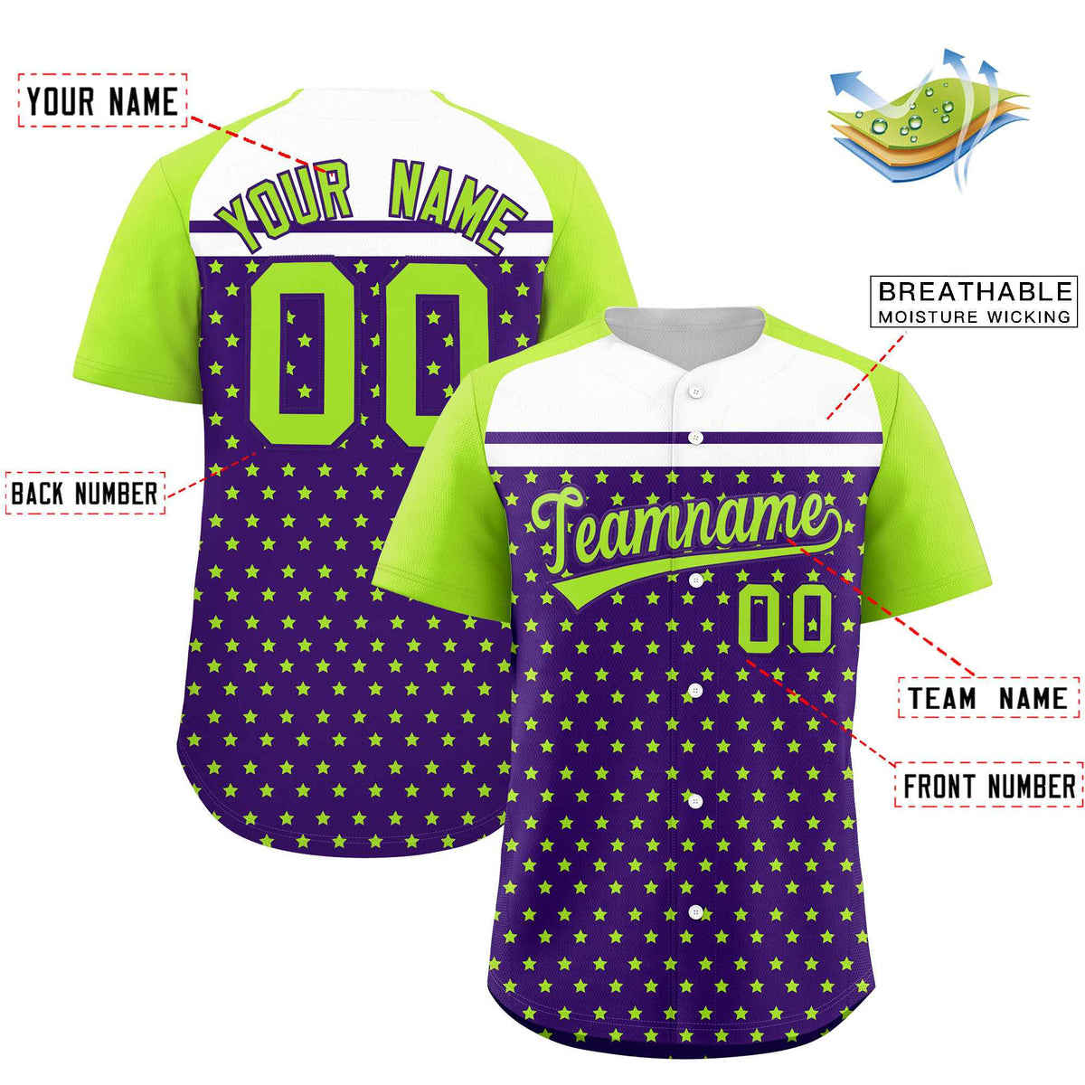 Custom Purple Neon Green-White Raglan Sleeve Personalized Star Print Authentic Baseball Jersey Limited