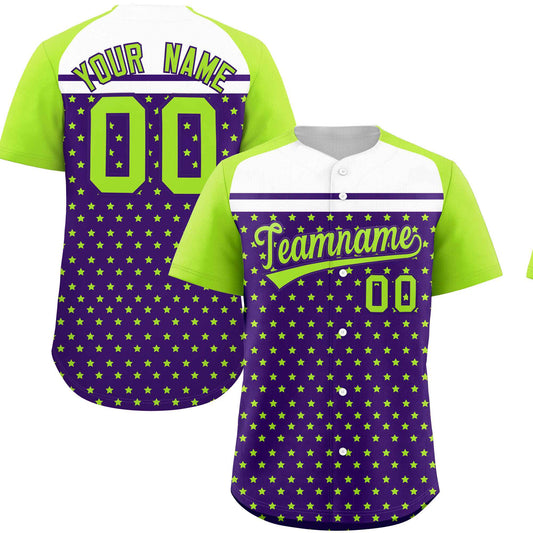 Custom Purple Neon Green-White Raglan Sleeve Personalized Star Print Authentic Baseball Jersey