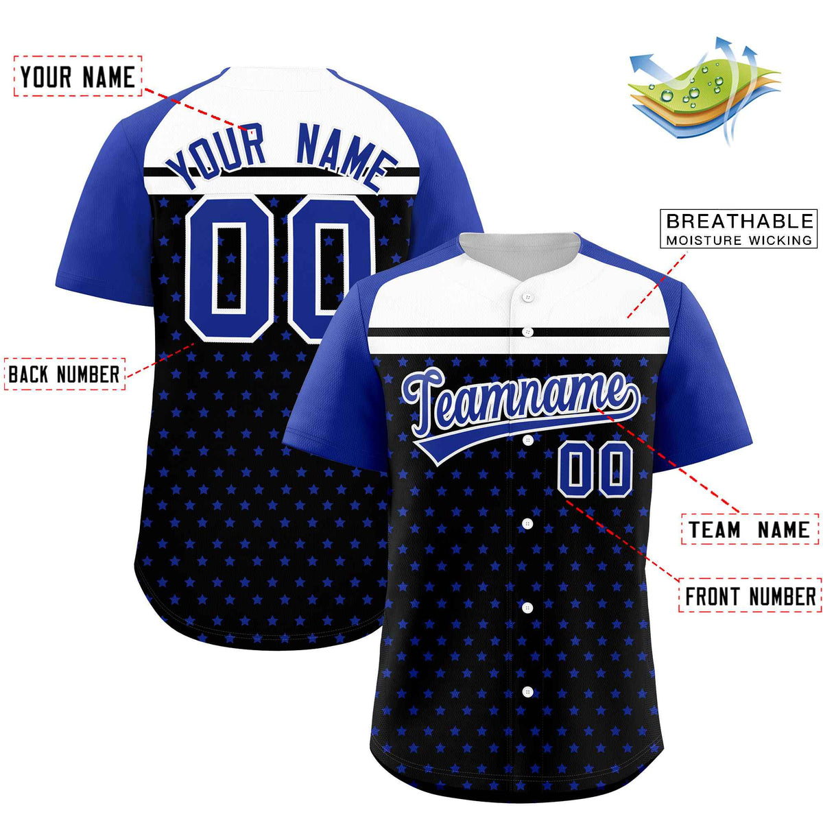 Custom Black Royal-White Raglan Sleeve Personalized Star Print Authentic Baseball Jersey Limited