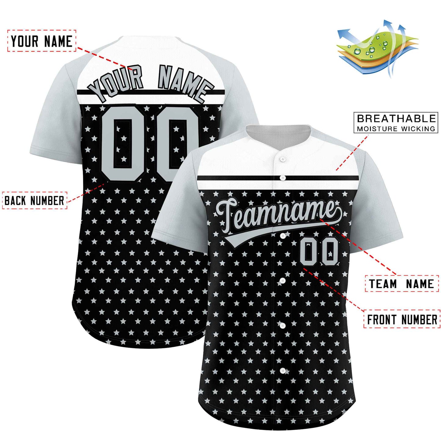 Custom Black Silver-White Raglan Sleeve Personalized Star Print Authentic Baseball Jersey Limited