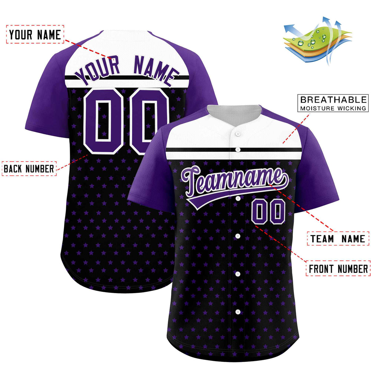 Custom Black Purple-White Raglan Sleeve Personalized Star Print Authentic Baseball Jersey Limited
