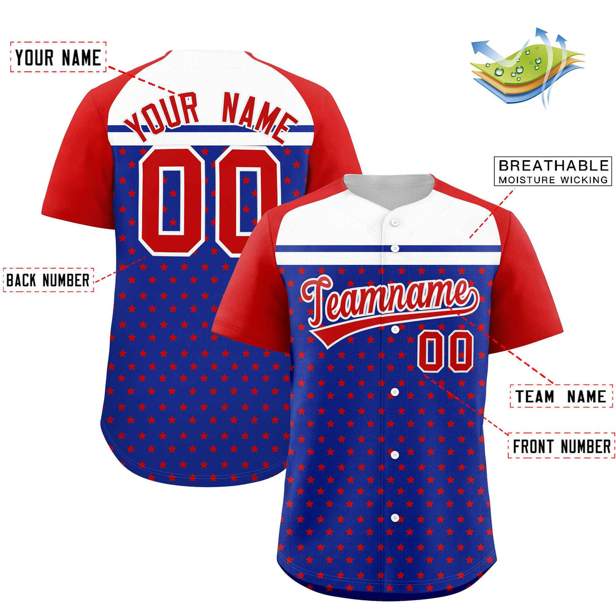 Custom Royal Red-White Raglan Sleeve Personalized Star Print Authentic Baseball Jersey Limited