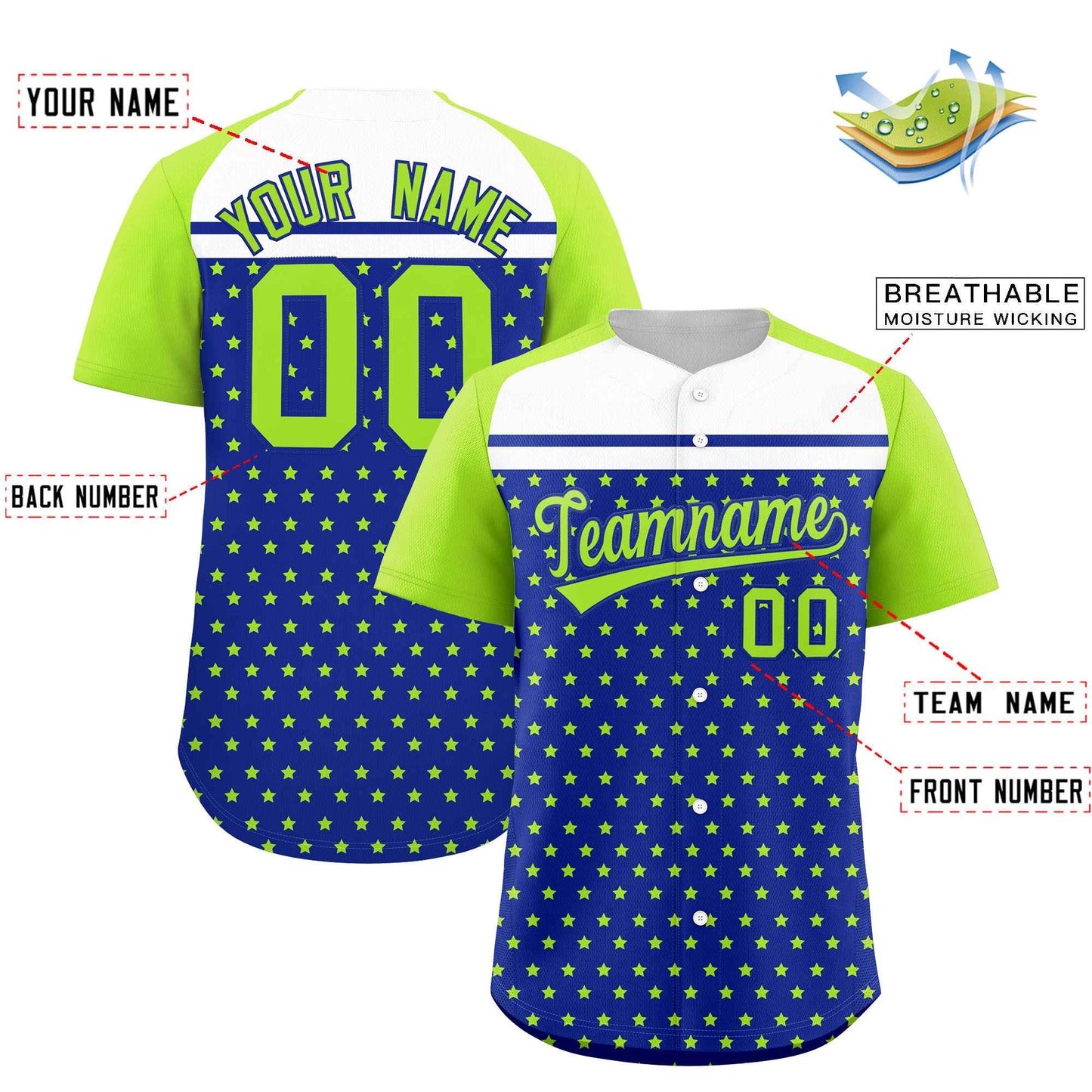 Custom Royal Neon Green-White Raglan Sleeve Personalized Star Print Authentic Baseball Jersey Limited