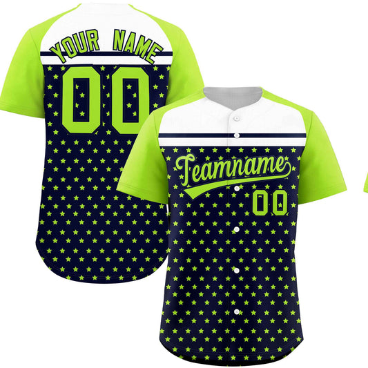 Custom Navy Neon Green-White Raglan Sleeve Personalized Star Print Authentic Baseball Jersey