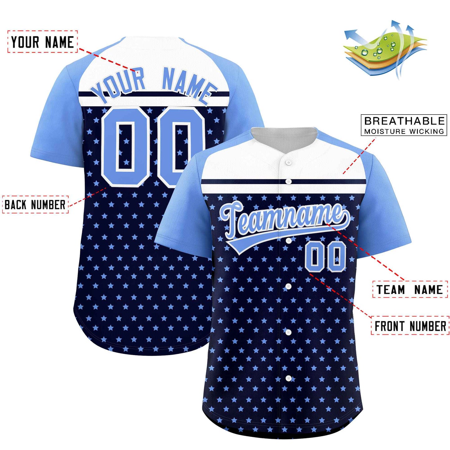 Custom Navy Light Blue-White Raglan Sleeve Personalized Star Print Authentic Baseball Jersey Limited