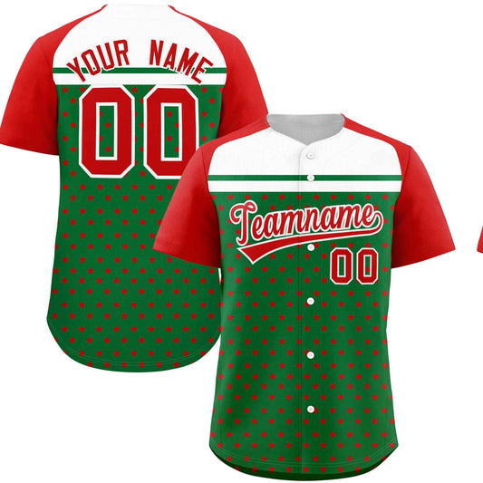 Custom Kelly Green Red-White Raglan Sleeve Personalized Star Print Authentic Baseball Jersey