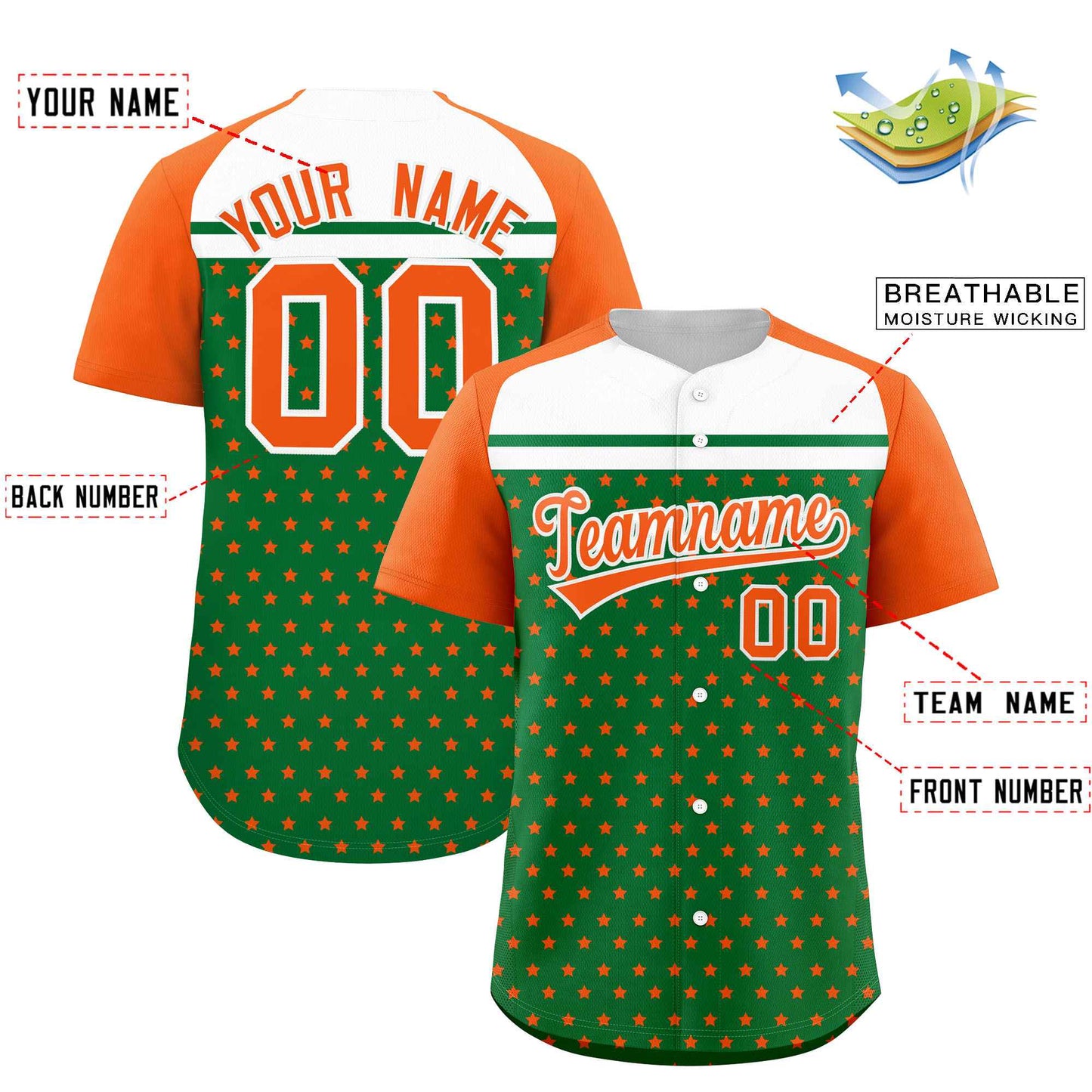Custom Kelly Green Orange-White Raglan Sleeve Personalized Star Print Authentic Baseball Jersey Limited