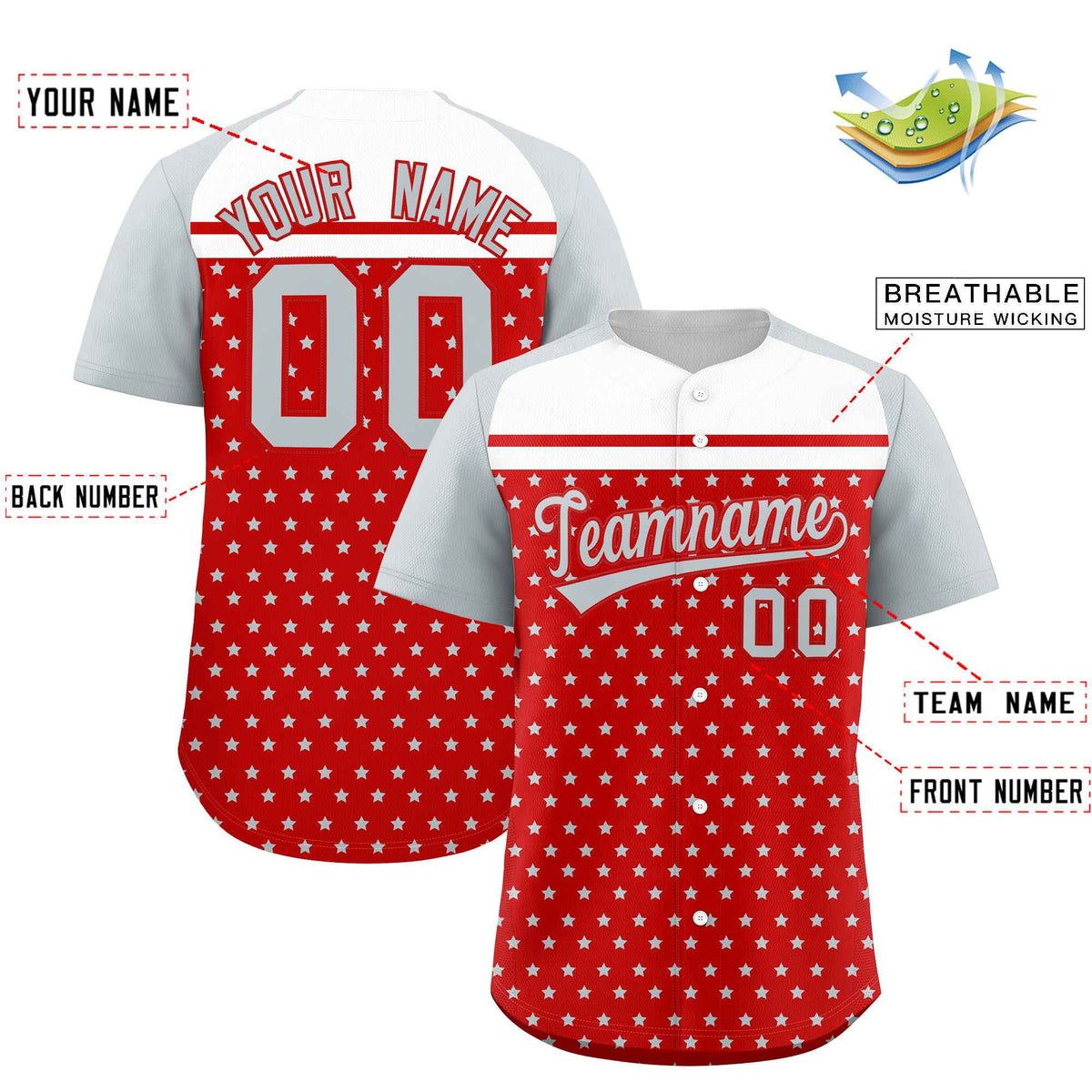 Custom Red Silver-White Raglan Sleeve Personalized Star Print Authentic Baseball Jersey Limited