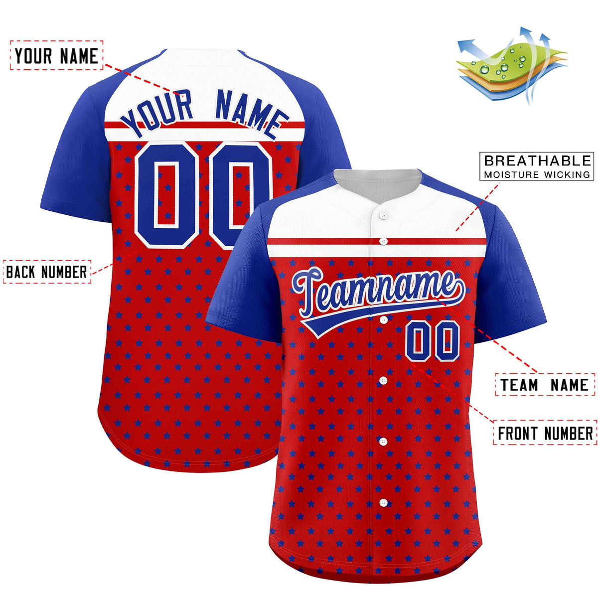 Custom Red Royal-White Raglan Sleeve Personalized Star Print Authentic Baseball Jersey Limited