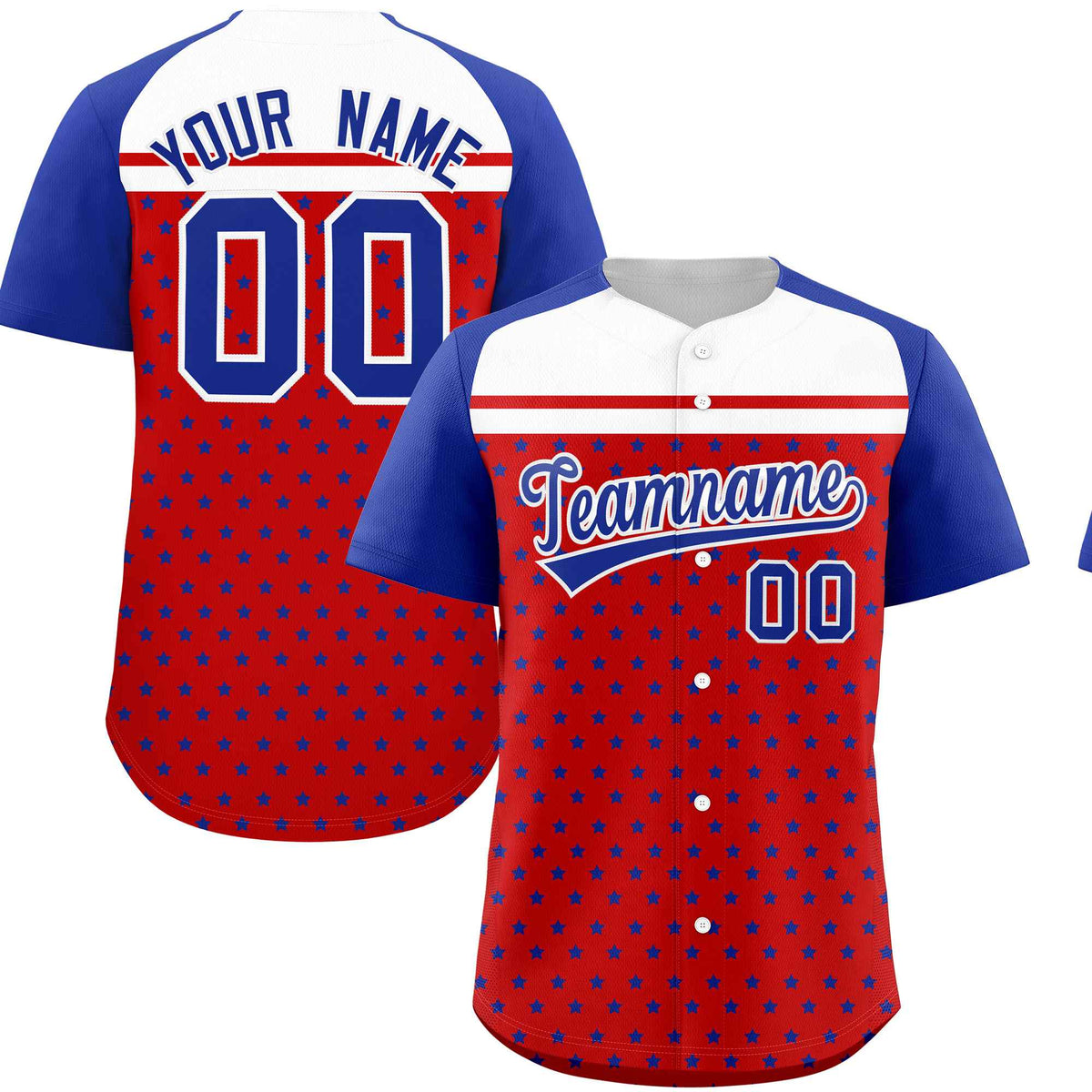 Custom Red Royal-White Raglan Sleeve Personalized Star Print Authentic Baseball Jersey