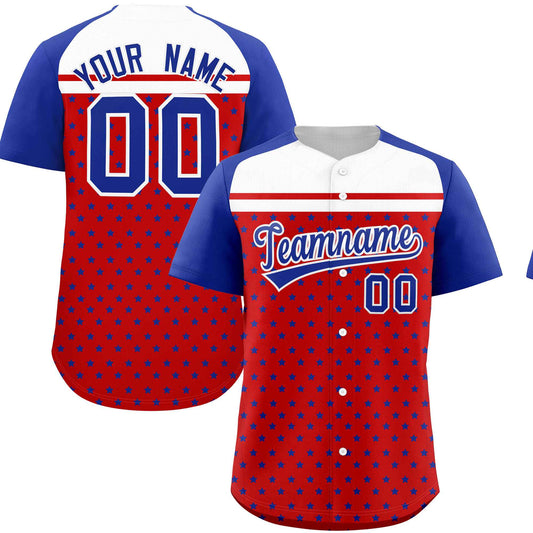 Custom Red Royal-White Raglan Sleeve Personalized Star Print Authentic Baseball Jersey