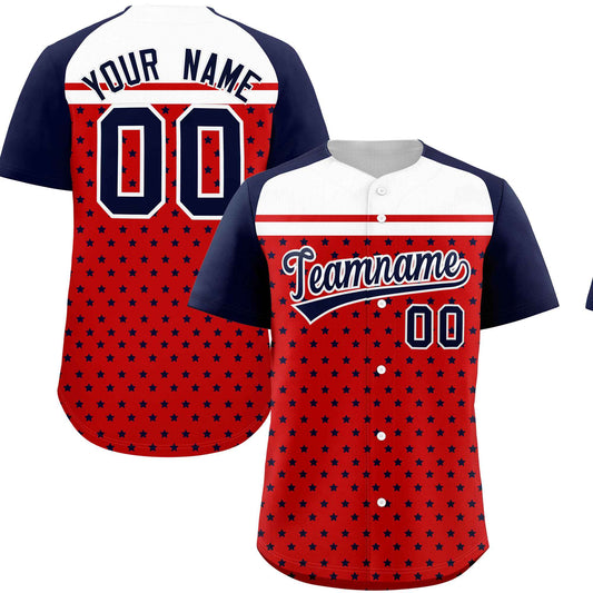 Custom Red Navy-White Raglan Sleeve Personalized Star Print Authentic Baseball Jersey
