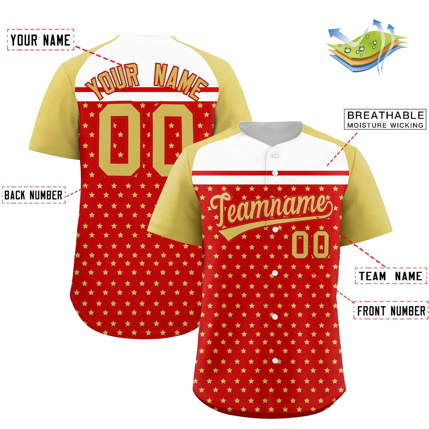 Custom Red Old Gold-White Raglan Sleeve Personalized Star Print Authentic Baseball Jersey Limited