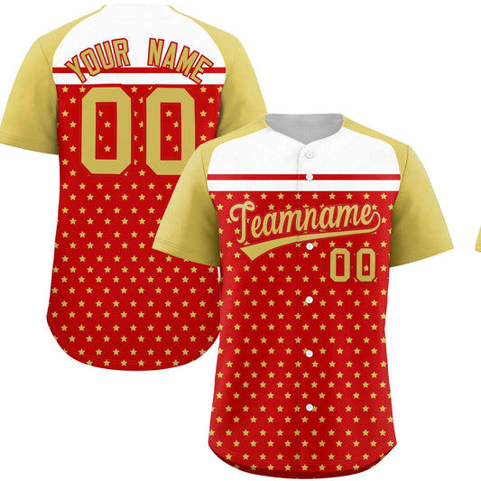 Custom Red Old Gold-White Raglan Sleeve Personalized Star Print Authentic Baseball Jersey