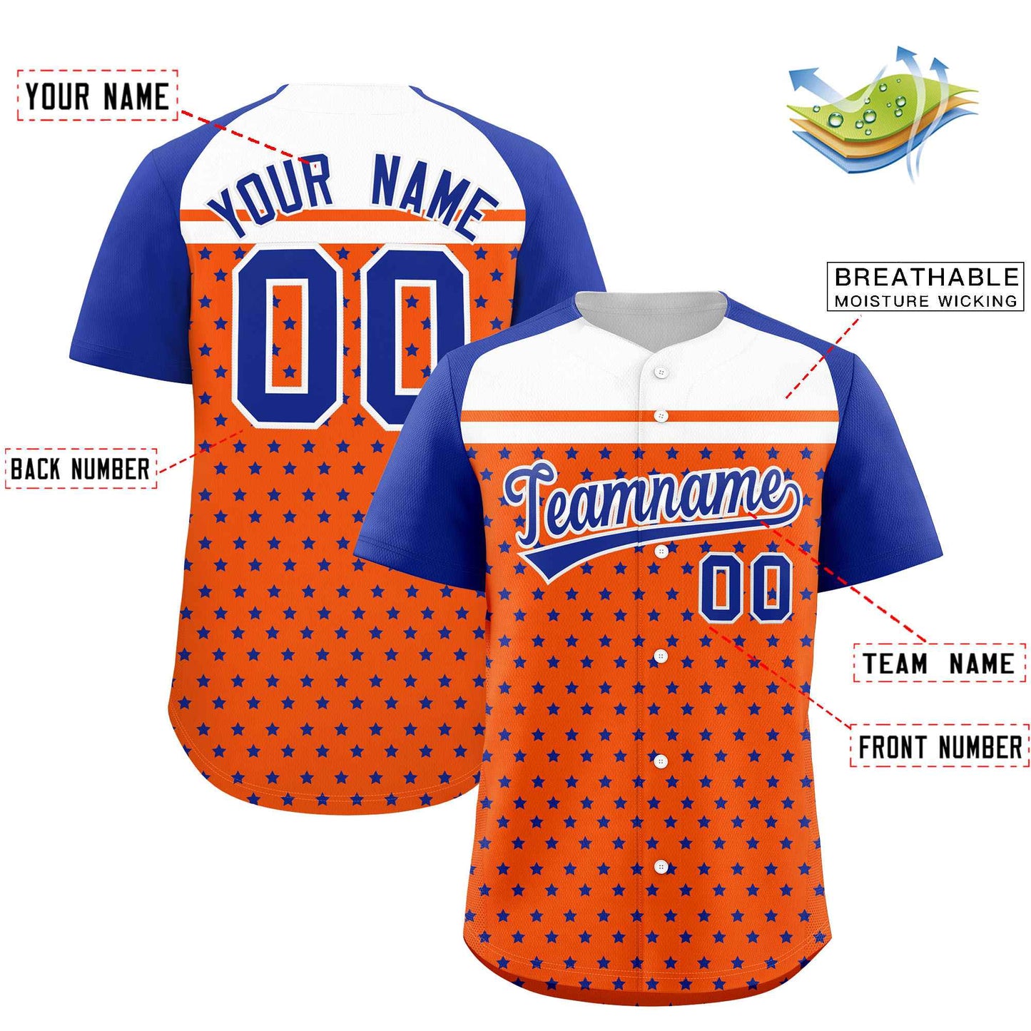 Custom Orange Royal-White Raglan Sleeve Personalized Star Print Authentic Baseball Jersey Limited